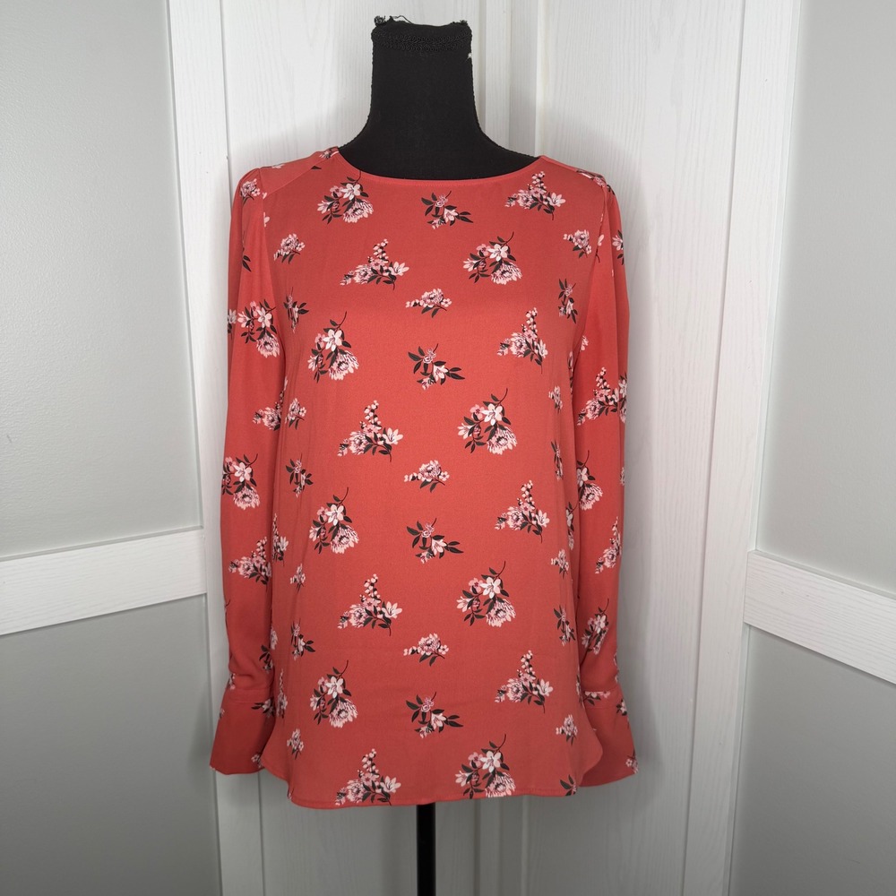 Loft Floral Blouse Women Size Small Coral Pink Long Sleeve Pleated Shoulder Top